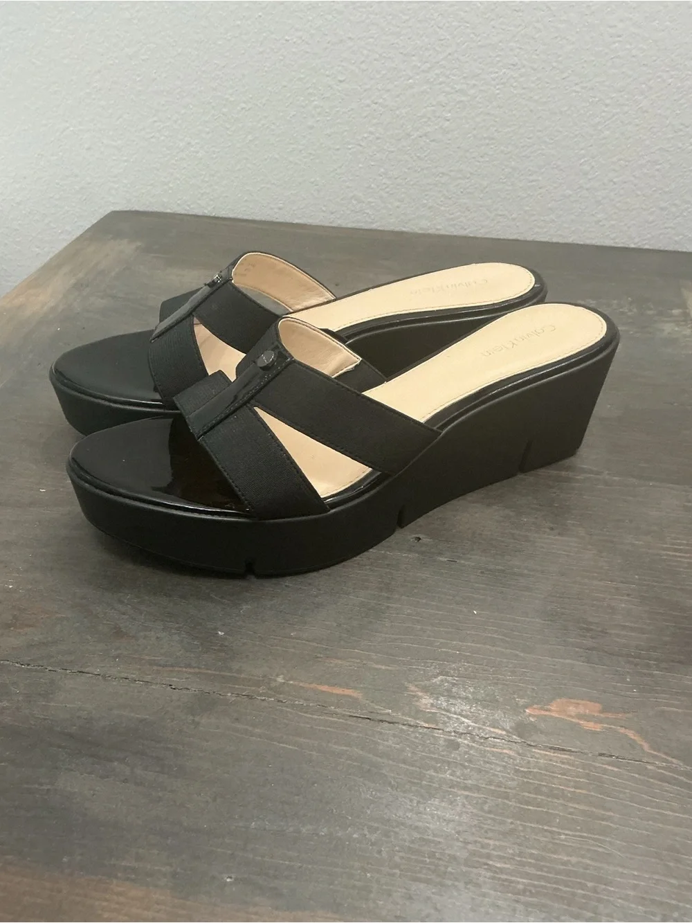 Calvin Klein Ying Black Stretchy Strap Platform Wedge Sandals Size 8.5